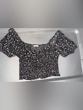 Smocked Black Crop Top with Pink Floral Print